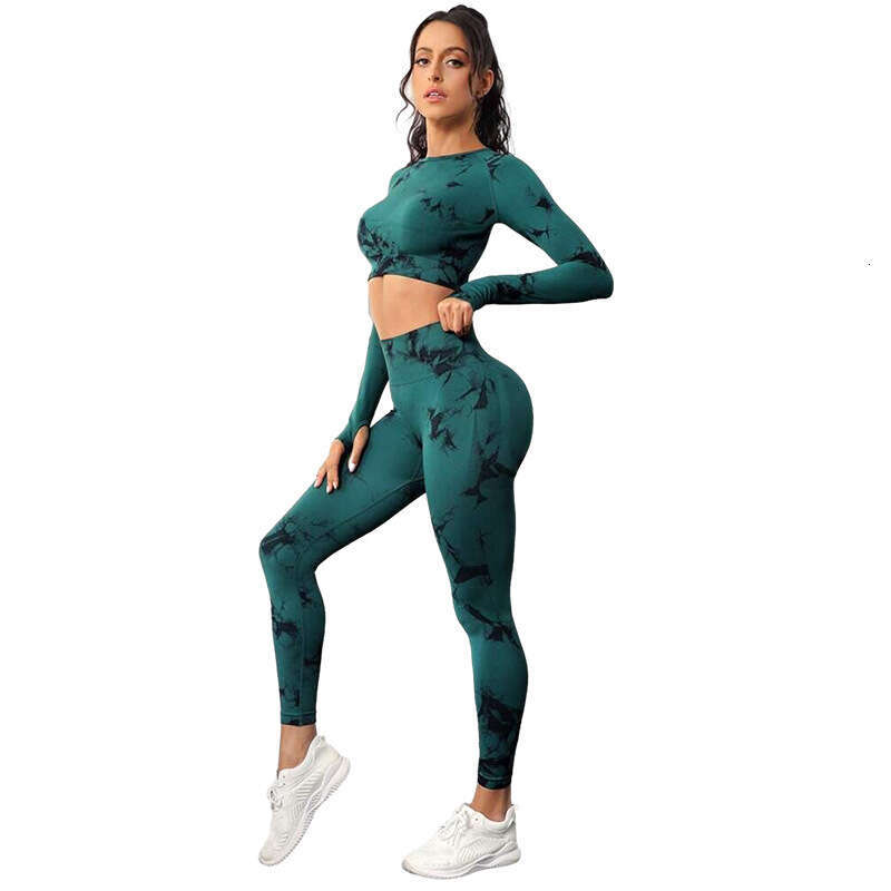 Long Sleeve Set for Women High Waist Hip-Lifting Stretch Tie-Dye Yoga Pants Sports Running Fitness Outfit