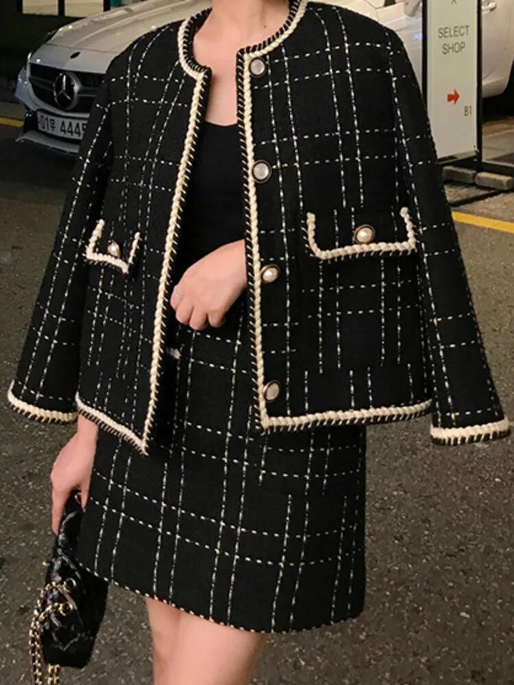 European Style Autumn Winter 2 Short Woolen Tweed Jacket Coat & Bodycon Mini Skirt Set Women Two Piece Outfits dongdumaoyi