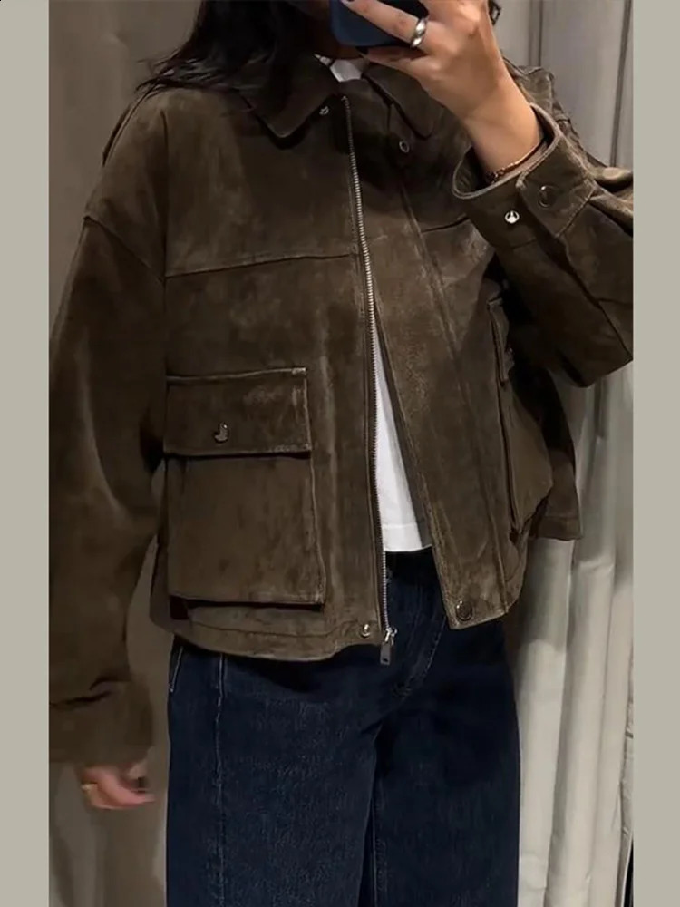 Elegant Suede Coats Women Turndown Collar Full Sleeve Zipper Pocket Jackets Autumn Winter Female Daily Casual Outerwear 250827