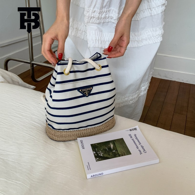 TB BHULAMTE Designer Luxury Women's Drawstring Striped Bucket Crossbody Bag Handbag Summer Versatile Retro Commuter Simple Texture Single Shoulde