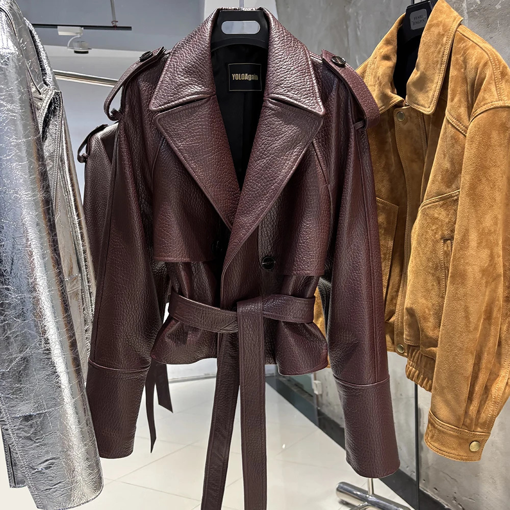 YOLOAgain Real Leather Jacket Women Burgundy Grain With Belt 250826