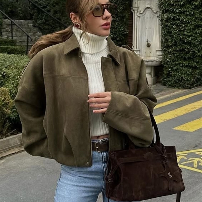 TRAFZA Women Brown Green Suede Jacket Loose Casual Bomber Coat Lapel Zipper Long Sleeve Jackets Vintage Lady Motorcycle Outwears 250827