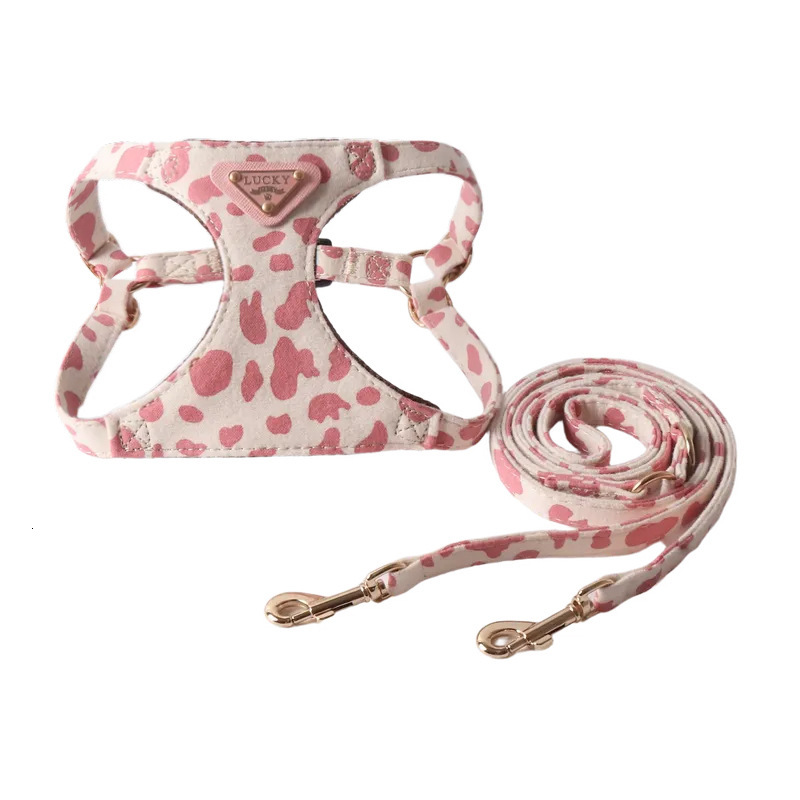 Pet Clothing Cow Pattern Triangle Nameplate Harness Set Double Hook Leash for Small and Medium Dogs Cats Outdoors Everyday Outfits Breathable Mesh Ves