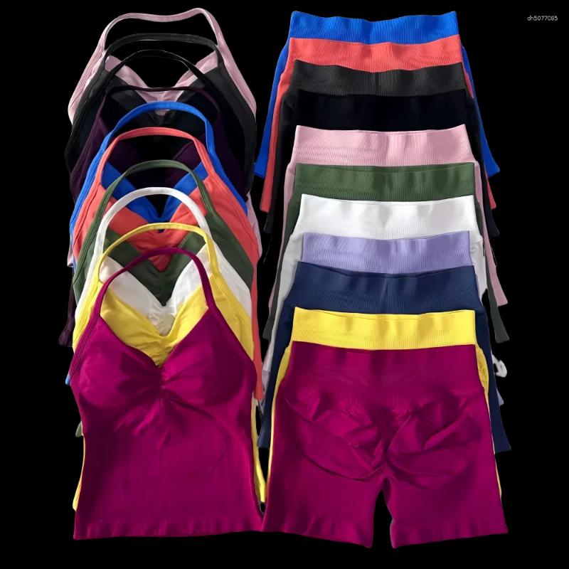 Women's Tracksuits 2 Pieces Sports Set Women Backless Tank Tops High Waist Scrunch Seamless Shorts Sport Gym Sportswear Workout