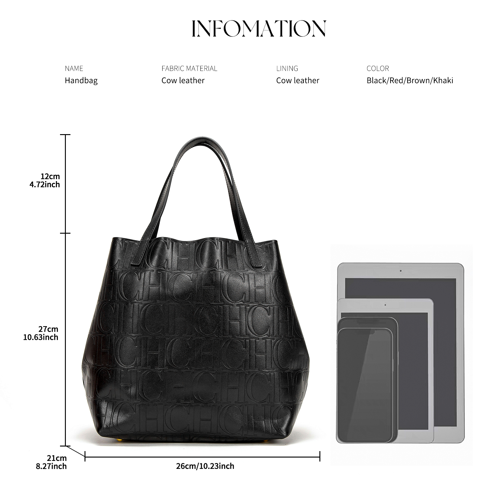 CHCH Genuine Leather Totes Embossed Geometric Letter Patterns Structured Silhouettes Adjustable Straps & Durable Cowhide Totes