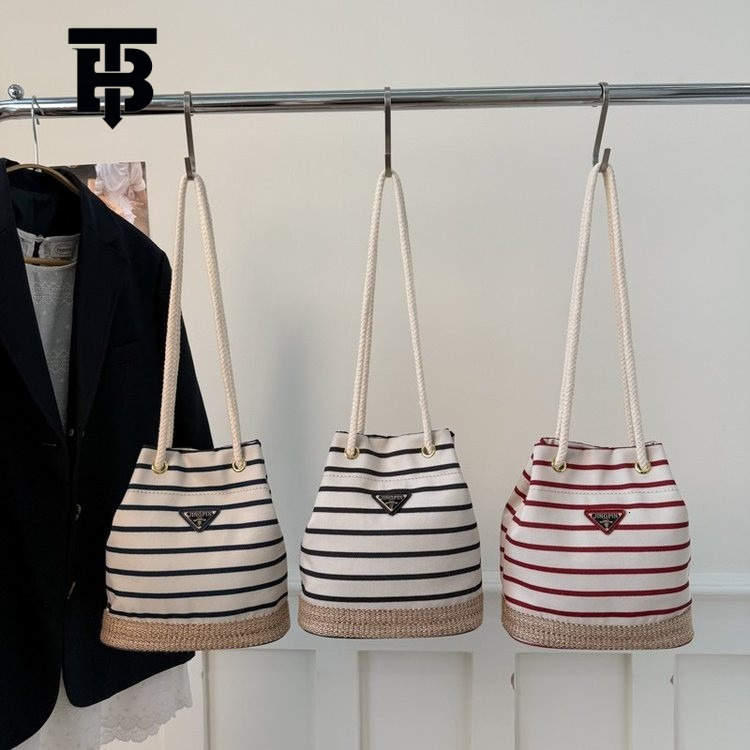 TB BHULAMTE Designer Luxury Women's Drawstring Striped Bucket Crossbody Bag Handbag Summer Versatile Retro Commuter Simple Texture Single Shoulde