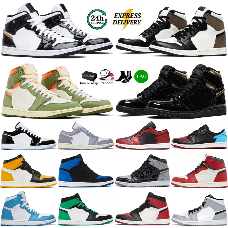 With Box 1 1s Basketball Shoes Mens Womens Sneakers High Celadon Dark Mocha Black White University Blue Bred Chicago Lucky Green UNC Grey Low Outdoor Sports Trainers