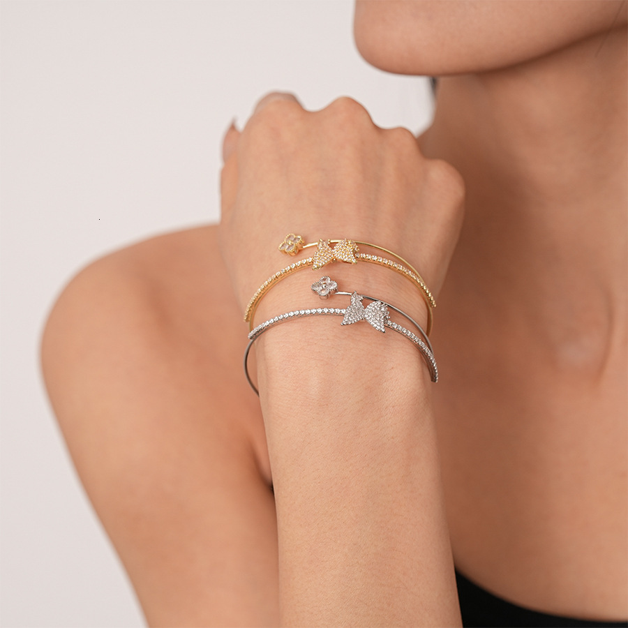 Metallic Style Zircon Butterfly Flower Double Layer Open Bracelet Simple High-end Sense Elegant Geometric Jewelry for Women - view 3