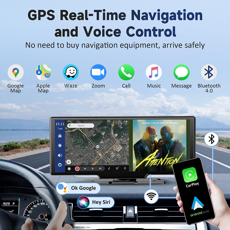 10.26 Inch Car Audio 4K Dash Cam Carplay & Android Auto Wireless Portable Carplay Screen for Car Car Stereo With Touch Screen, Backup Camera,64GB Card