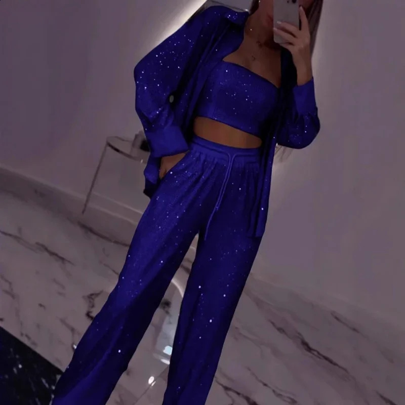 Sexy Elegant Women Sequin Shirt Suit Shiny Vintage Wide Leg Pants 3Pcs Sets Outfits Party Lady Chic Evening Gown Vacation 250827