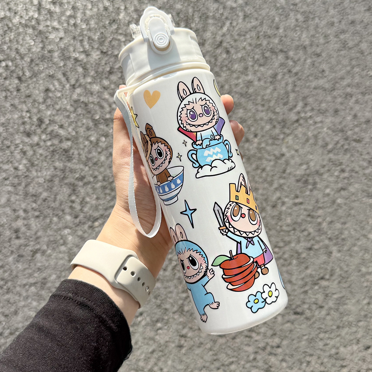 Popular cute children's straw water cup high value student with handle large capacity portable cartoon Colorful Labubu Sports Water Bottle Portab
