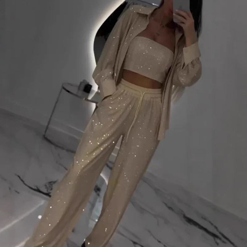 Sexy Elegant Women Sequin Shirt Suit Shiny Vintage Wide Leg Pants 3Pcs Sets Outfits Party Lady Chic Evening Gown Vacation 250827