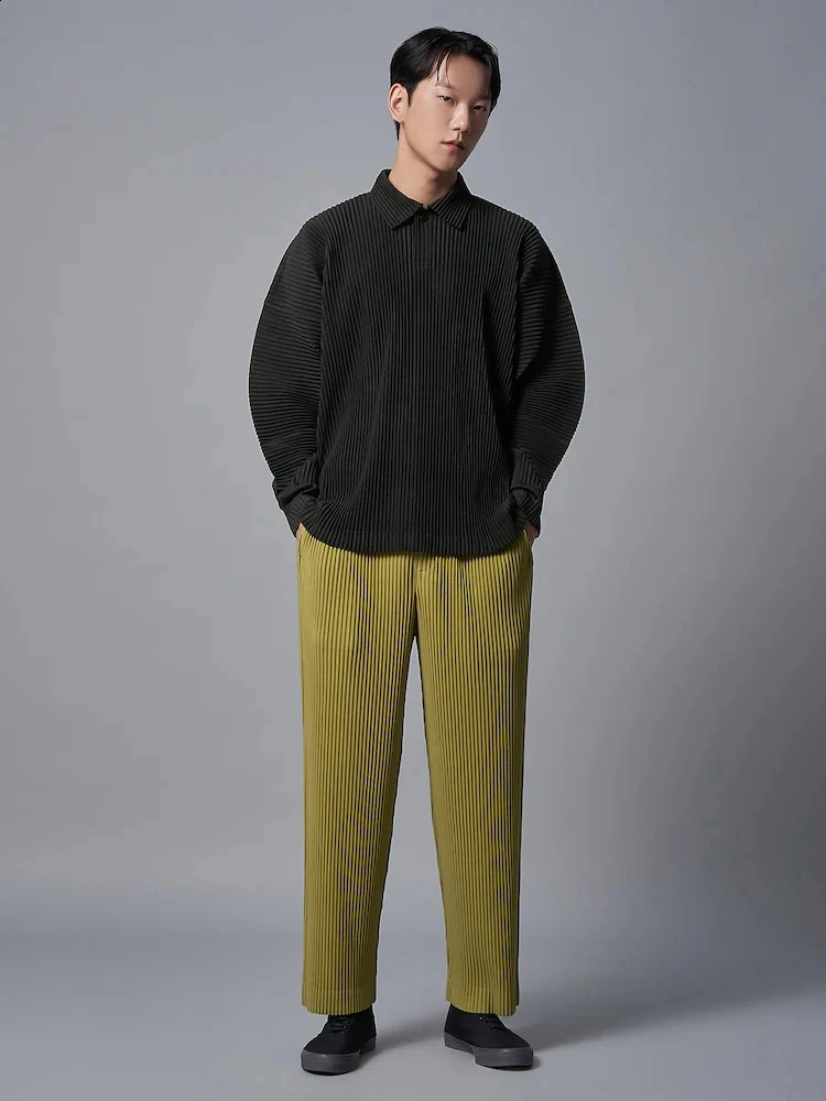 Miyake Plisse Lapel Top Polo T Shirt For Men Pleated Long Sleeve Polo Shirt Loose Retro Fashion Streetwear 250827