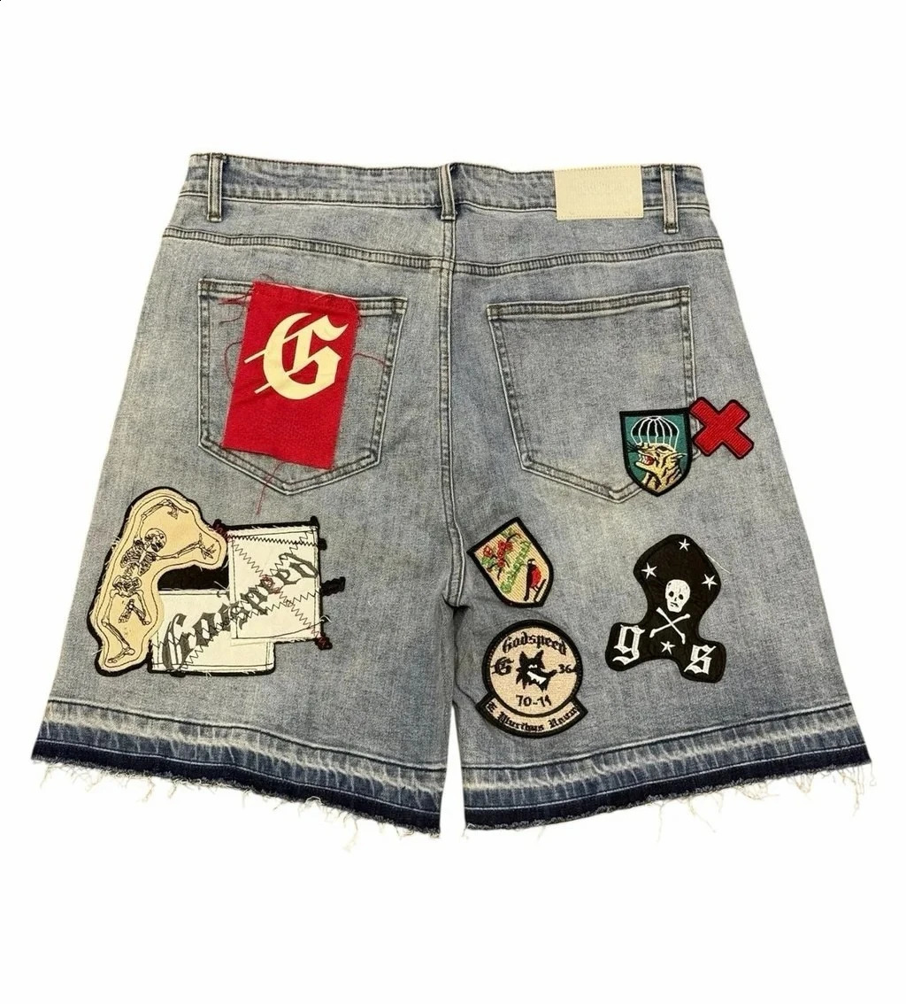American Retro Y2k Shorts for Male with Patches Frayed Blue Denim Shorts Hip Hop Casual Loose Gothic Male and WoMale Denim Shorts 250827