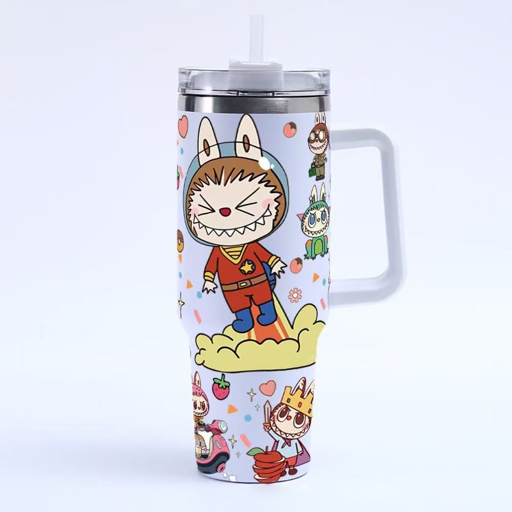 Large Capacity Stylish Labubu Double-Walled Coffee Thermos for Students Cup with Straw Student Cup Large-Capacity Cup for Men Women 304 Stainless Stee