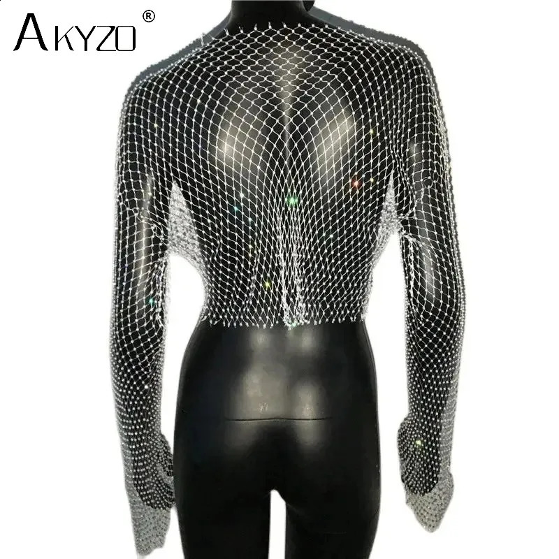 Autumn Women Sexy See Through Fishnet T Shirt Glitter Rhinestone Hollow Mesh Long Sleeve Crop Tops Nightclub Party Festival Top250826