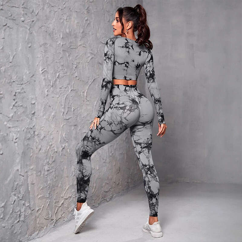 Long Sleeve Set for Women High Waist Hip-Lifting Stretch Tie-Dye Yoga Pants Sports Running Fitness Outfit