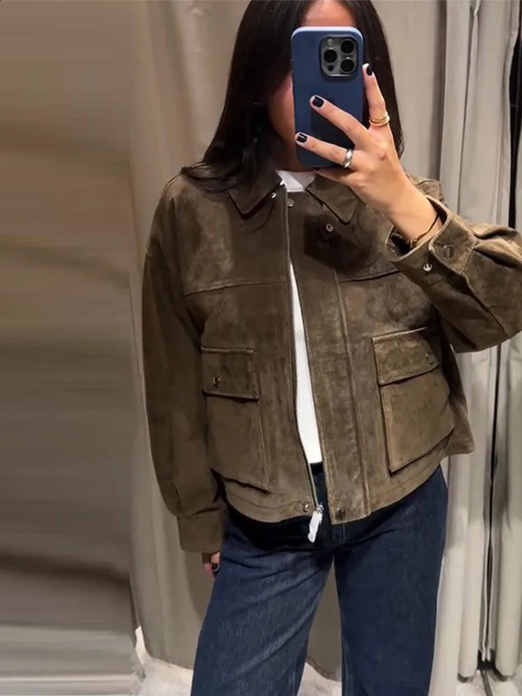Elegant Suede Coats Women Turndown Collar Full Sleeve Zipper Pocket Jackets Autumn Winter Female Daily Casual Outerwear 250827