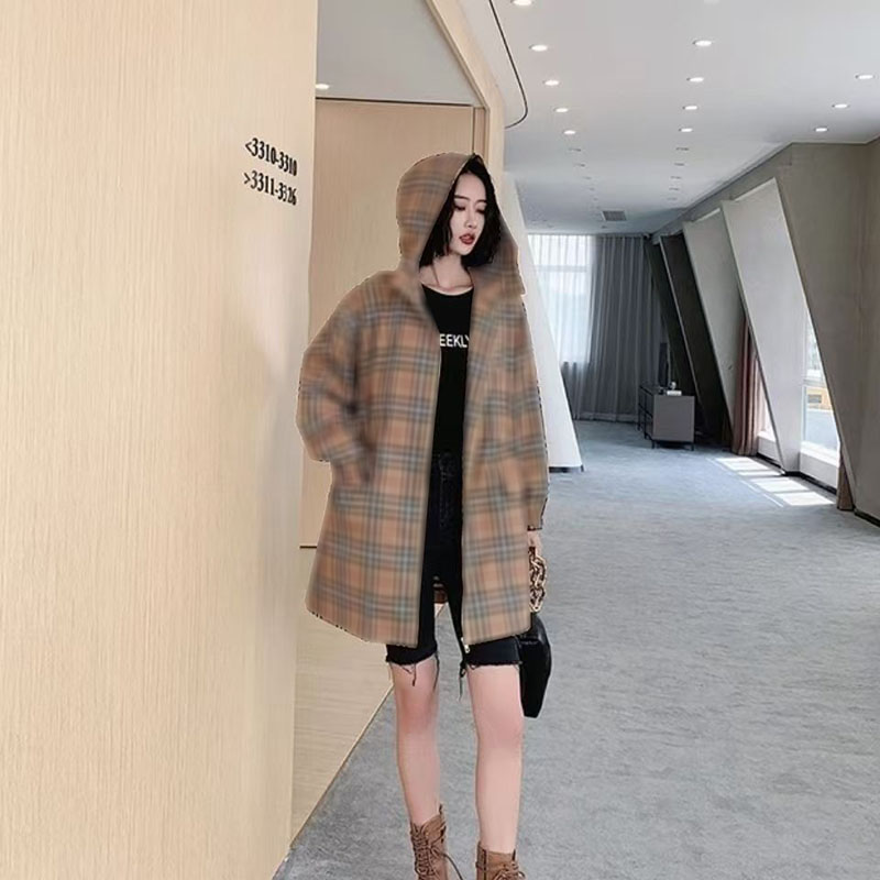 Designer women's autumn new British style hooded plaid slim fit windbreaker, women's loose medium length windbreaker
