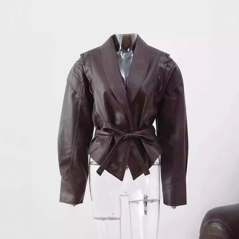 2024 New Versatile Faux Leather Jacket With Tie V-Neck Street Fashion