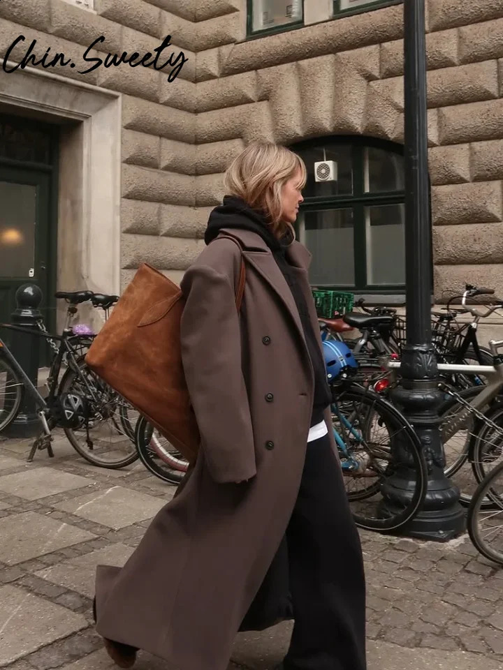 Urban Women Wool Long Coat Casual Full Sleeve Lapel DoubeBreasted Female Coats Autumn Winter Casual Lady Streetwear 250901