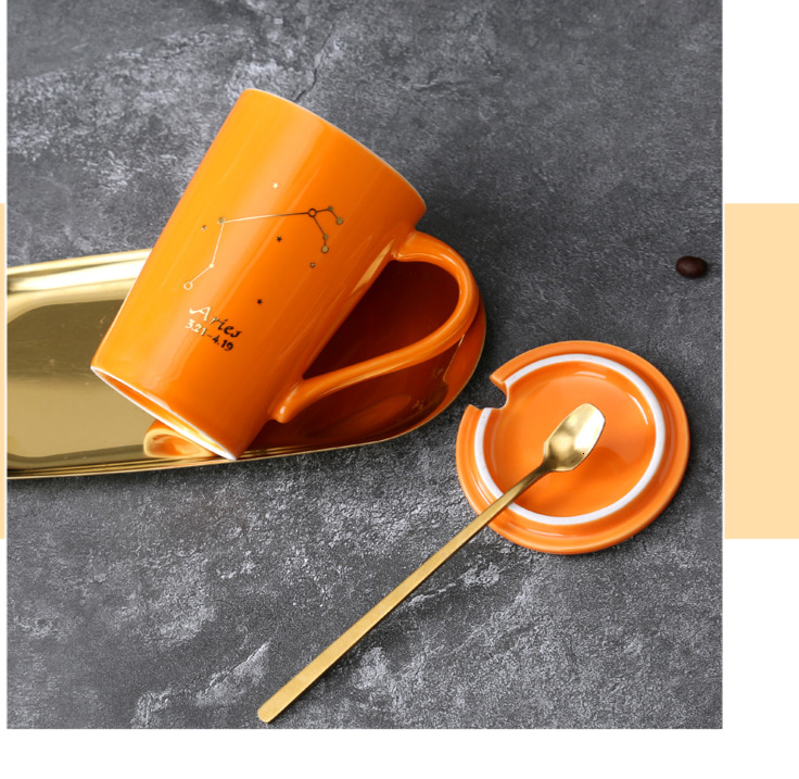 Ceramic Drinking Mugs with Lid Nordic Zodiac Design Personalized Thermal Cups for Coffee Tea Matching Couple Utensils Indoor Outdoor Use Dishwasher Sa