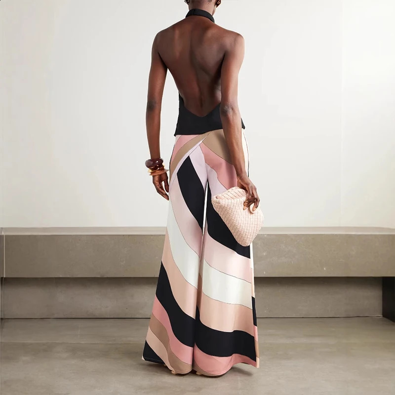 Elegant Slim Off Shoulder Halter Playsuits Summer Sexy Backless Women Romper Vintage Contrast Color Sleeveless Wide Leg Jumpsuit 250826