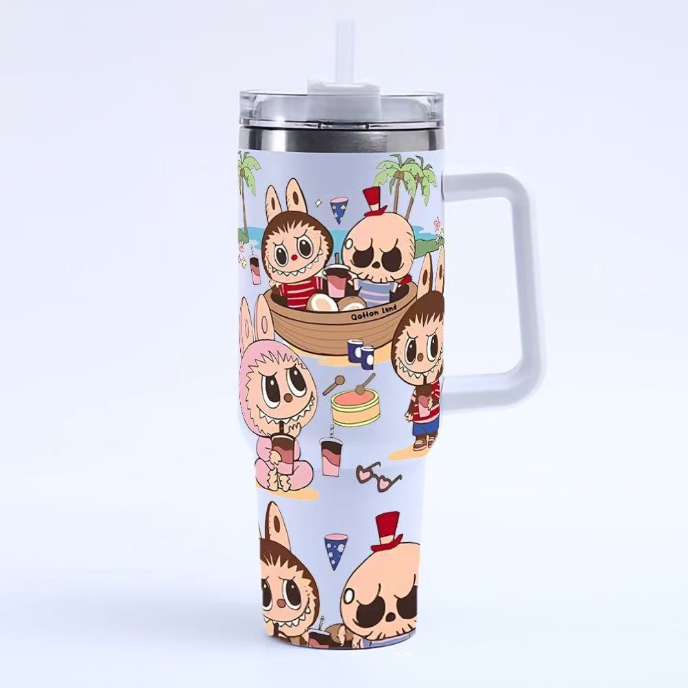 Large Capacity Stylish Labubu Double-Walled Coffee Thermos for Students Cup with Straw Student Cup Large-Capacity Cup for Men Women 304 Stainless Stee