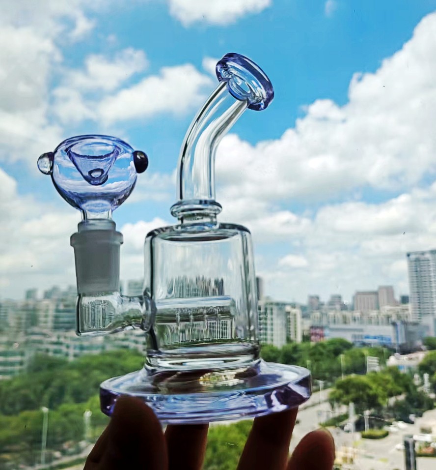 Purple Thick Glass Bongs Downstem Perc Glass Bubbler Smoking Water Pipe Water Bongs With 14mm Bowl 6.3''