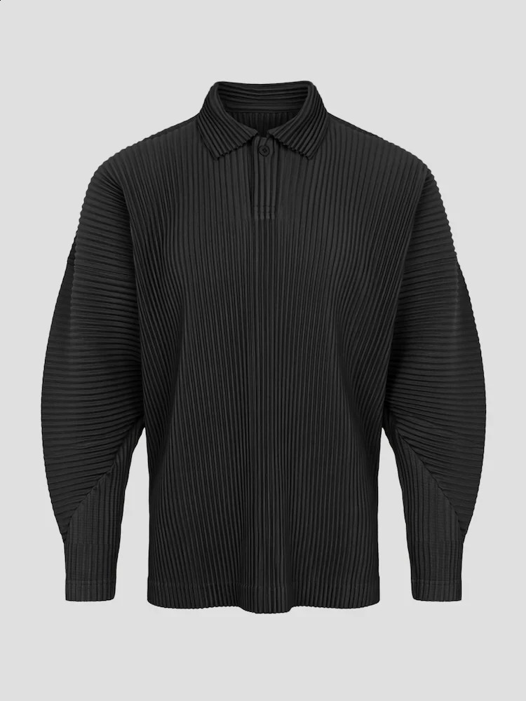 Miyake Plisse Lapel Top Polo T Shirt For Men Pleated Long Sleeve Polo Shirt Loose Retro Fashion Streetwear 250827