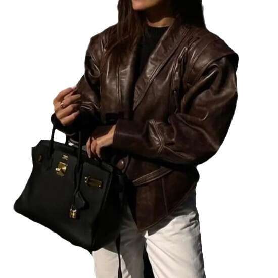 2024 New Versatile Faux Leather Jacket With Tie V-Neck Street Fashion