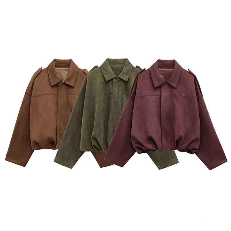TRAFZA Women Brown Green Suede Jacket Loose Casual Bomber Coat Lapel Zipper Long Sleeve Jackets Vintage Lady Motorcycle Outwears 250827