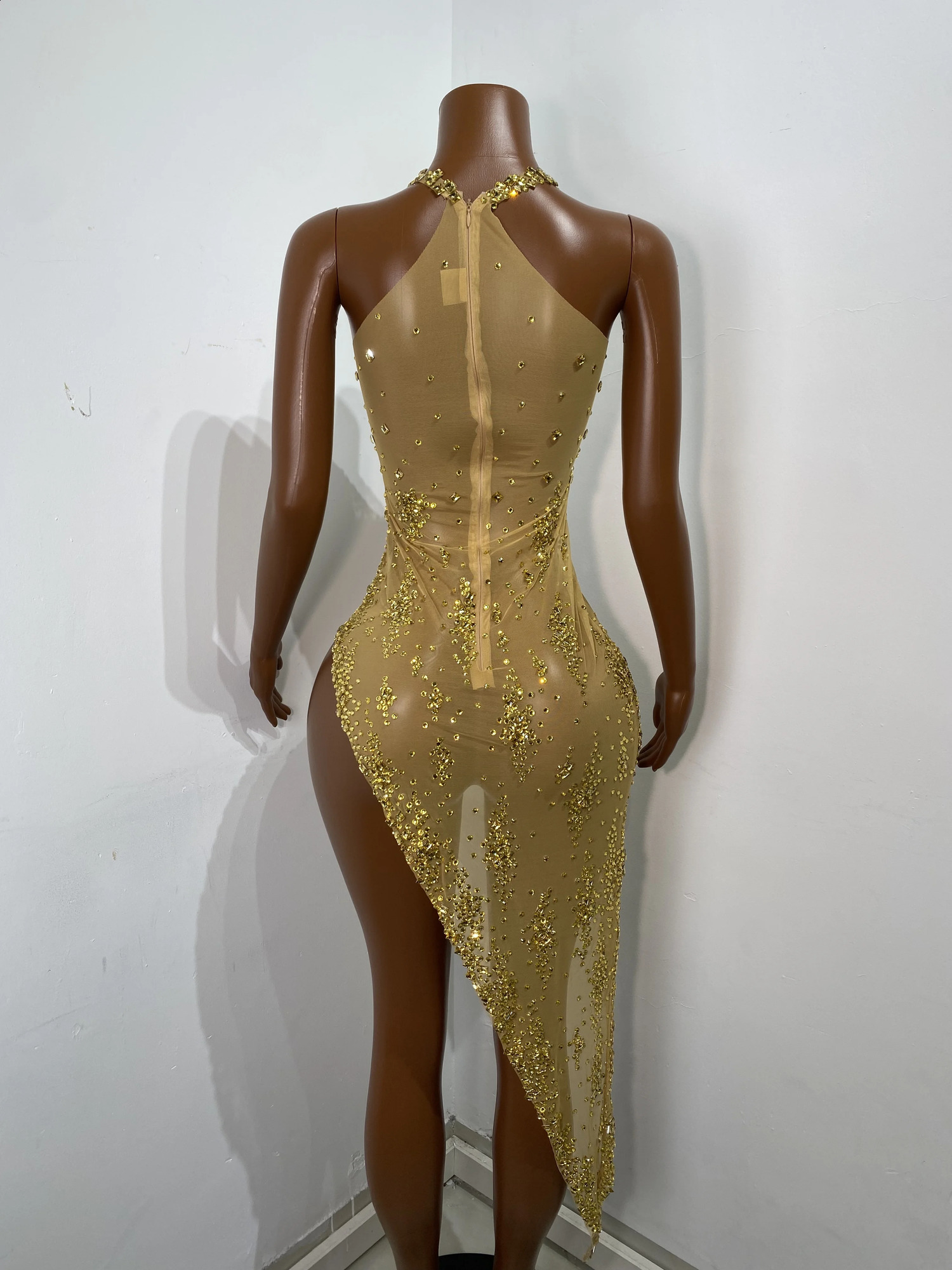 Women Sexy Tank Red Crystal Gold Diamonds Midi Bodycon Dress Birthday Party Costume Bar Nightclub Stage Performance Clothing 250827