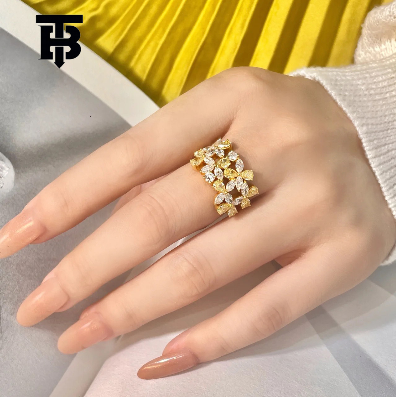 Designer Jewelry Wedding Rings Small Yellow Flower Diamond Ring For Women Colorful Diamond, Ins Water Drop Shape 18K Plated Niche High-end Feel Micro-
