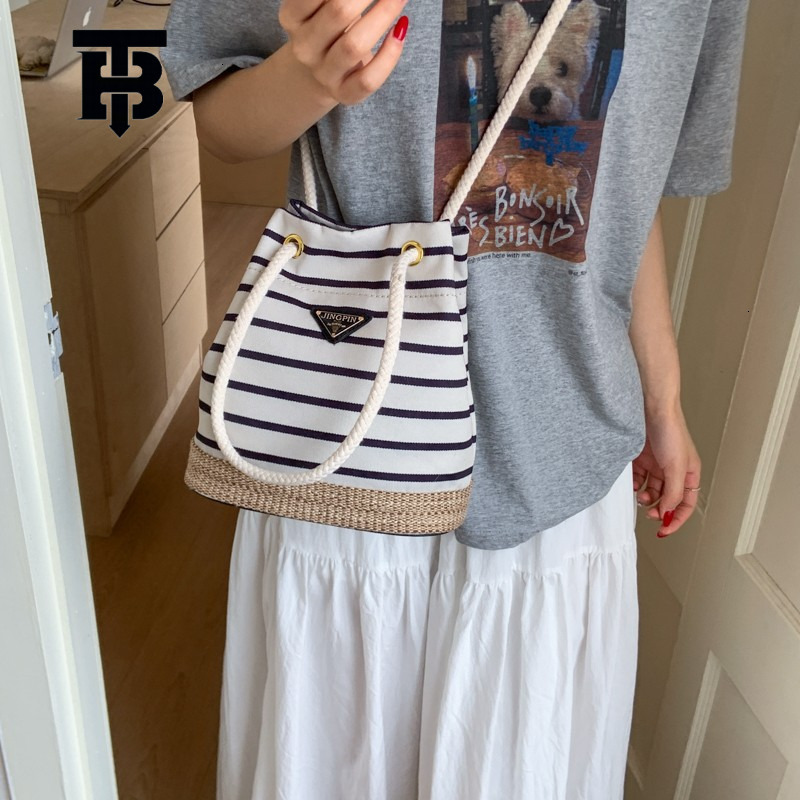 TB BHULAMTE Designer Luxury Women's Drawstring Striped Bucket Crossbody Bag Handbag Summer Versatile Retro Commuter Simple Texture Single Shoulde
