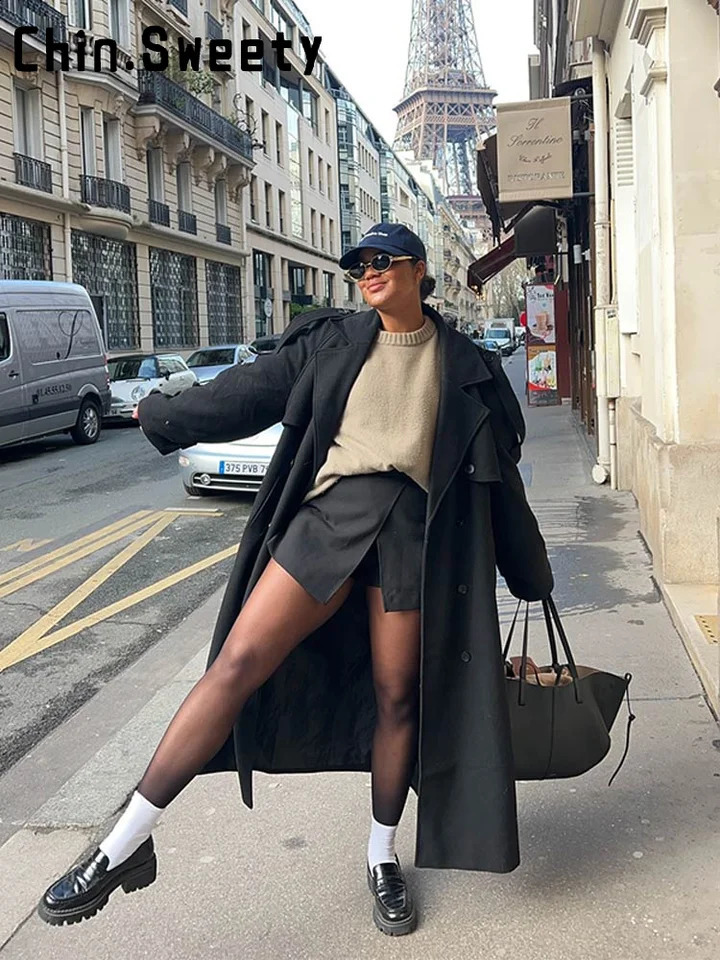 Elegant Grey Lapel Long Woolen Coats Women Buttons Double Breasted Pocket Lace Up Coat Autumn Winter Lady Thick Jackets 250826