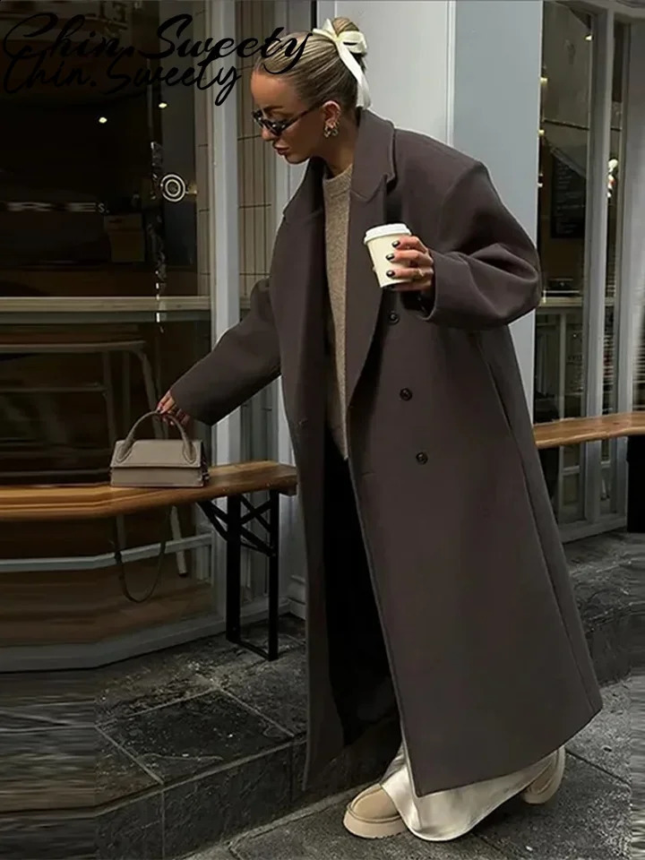 Urban Women Wool Long Coat Casual Full Sleeve Lapel DoubeBreasted Female Coats Autumn Winter Casual Lady Streetwear 250901