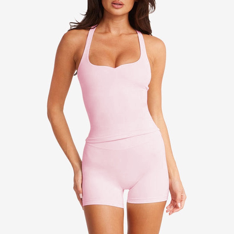 Women Summer Yoga Set Padded Tank Top with Shorts One Piece Fitness Activewear Outfit