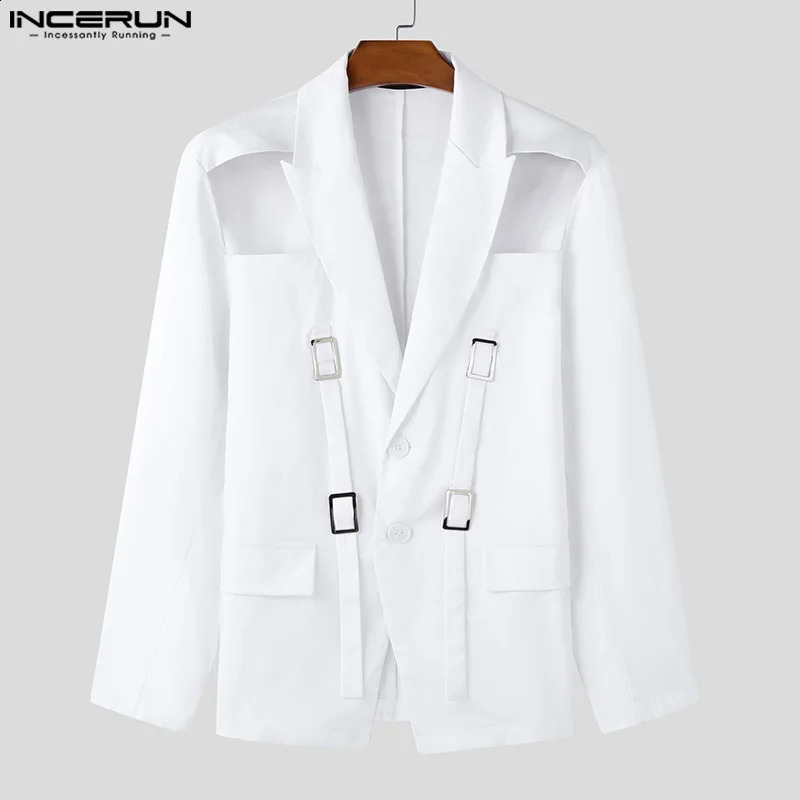 INCERUN Tops American Style Fashion Men Hollow Button n Suit Coat Casual Streetwear Solid Long Sleeved Lace Up Blazers 250827