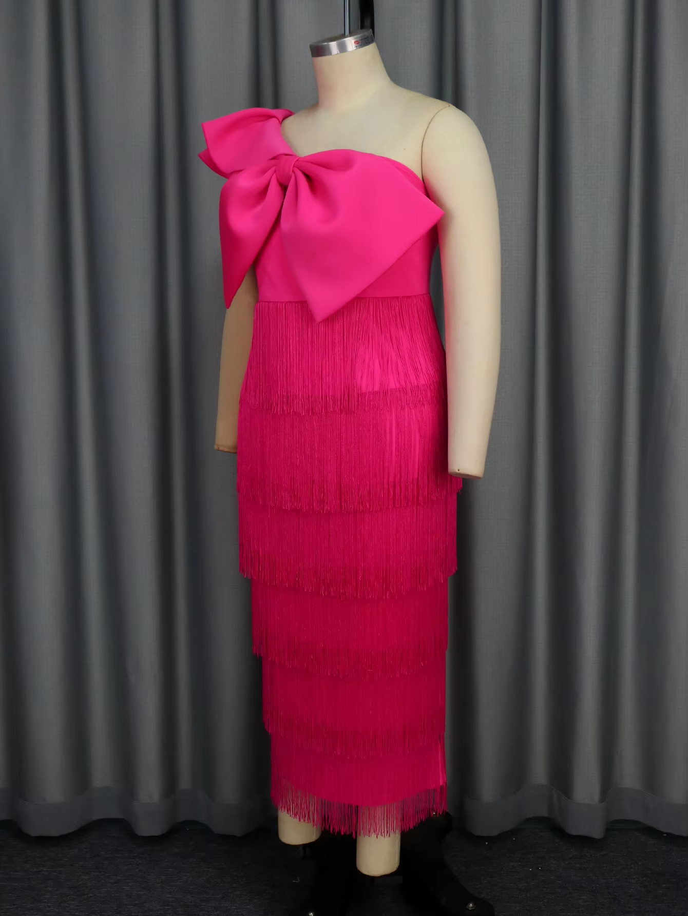 AOMEI Evening Long Gown Large Bow Tassel One Shoulder Short Ruffle Sleeve Plus Size Dress AM041017