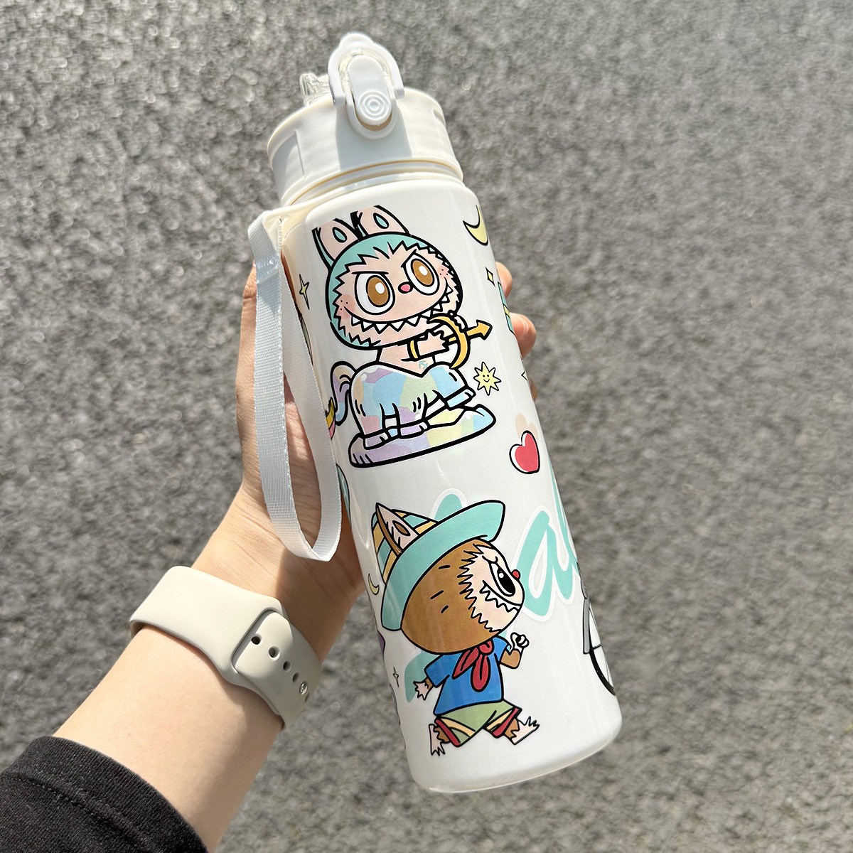 Popular cute children's straw water cup high value student with handle large capacity portable cartoon Colorful Labubu Sports Water Bottle Portab