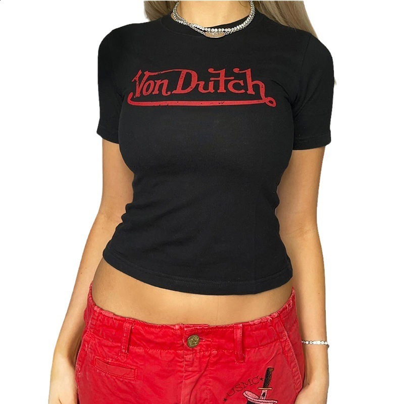Aesthetics Streetwear Womens Tee Summer Casual O-neck Vintage Letter National Flag Embroidery Short Sleeve T-Shirt Y2k Crop Top 250115