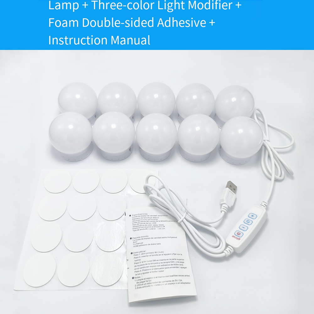 USB makeup lamp with LED, double-color diffused lighting, adhesive mounting, suitable for vanity mirror, Hollywood makeup mirror light, no drilling re