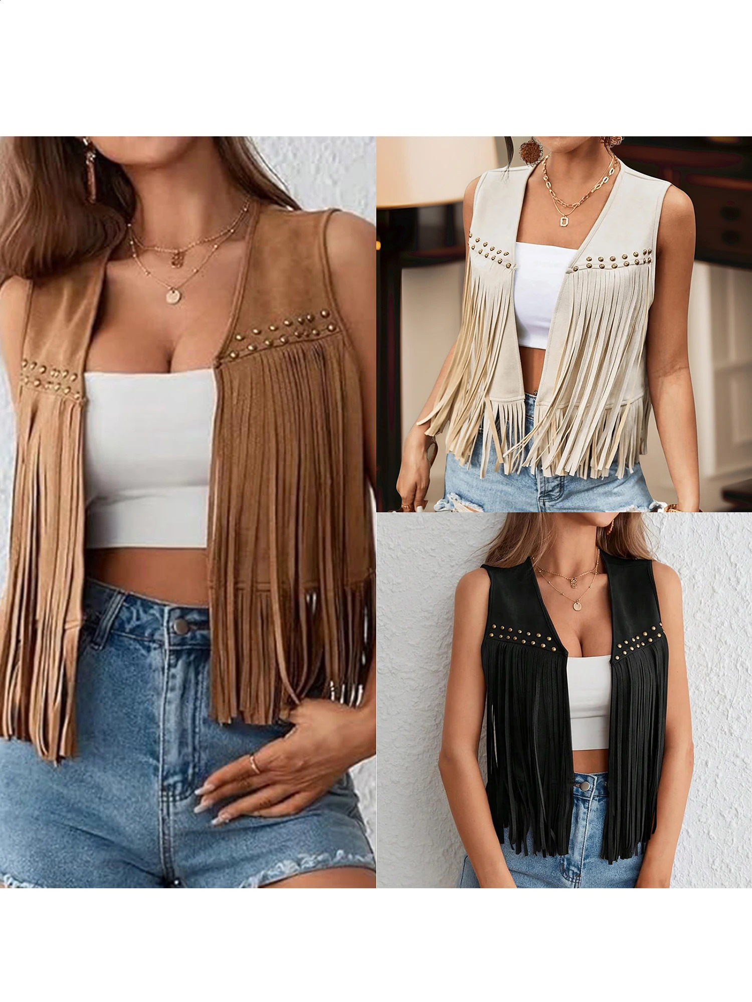 Vintage Fringe Suede Jacket 70s Boho Hippie Outfit Sleeveless Open Front Vest Western Cowgirl Coat Retro Fashion Trend 250826