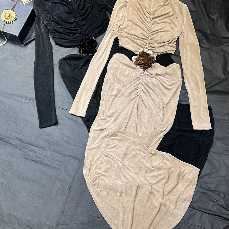 Designer Y2K Fall New Ladies Acetate Knit Waist Cutout Flower Maxi Dress, V-Neck Bodycon Dress With Long Sleeves, Two Colors, Elegant S0864