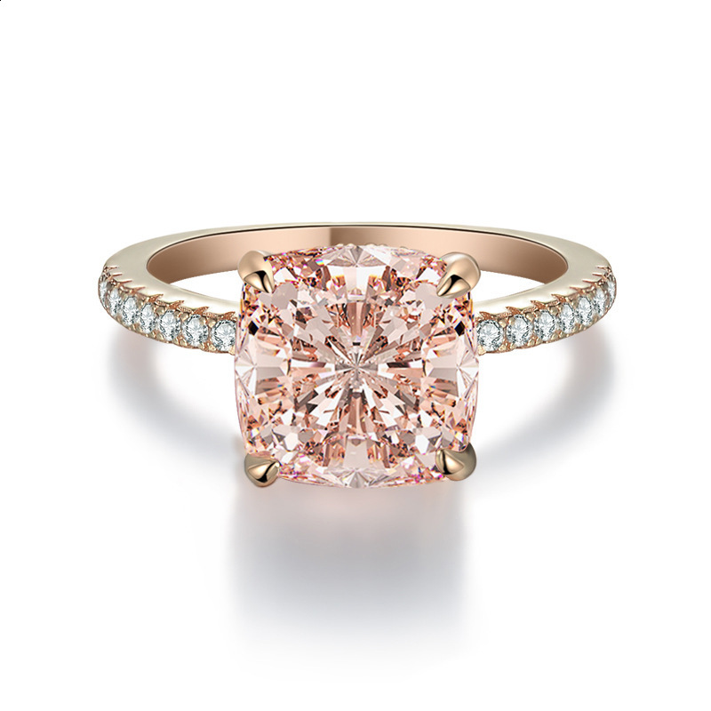 925 Sterling Silver High Carbon Diamond 5 Carat Fat Square Morganite Pink Diamond Ring Highend Silver Jewelry Wedding Ring for Women