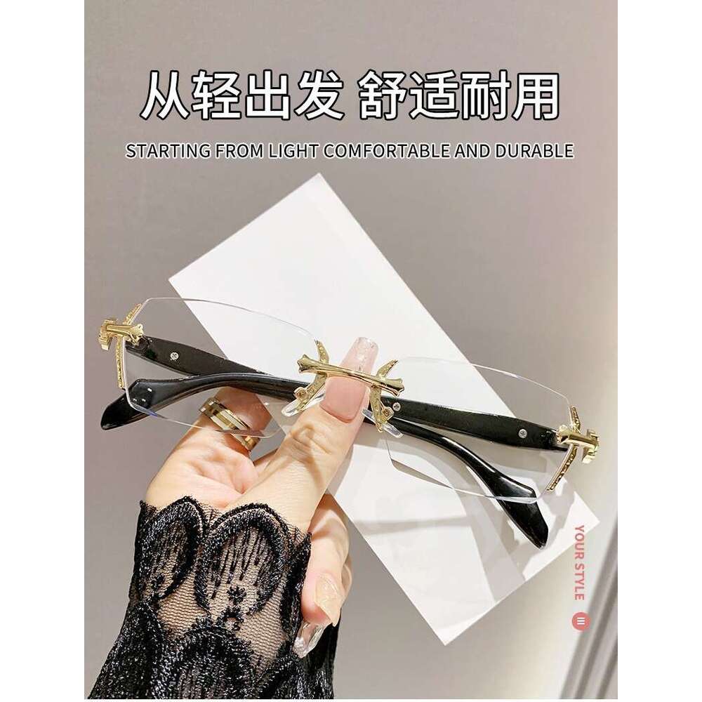 Myopia Anti-Blue Light Rimless Edge-Cut Women Metal Heavy Craft Plain Glasses Y2K Hot Girl Style
