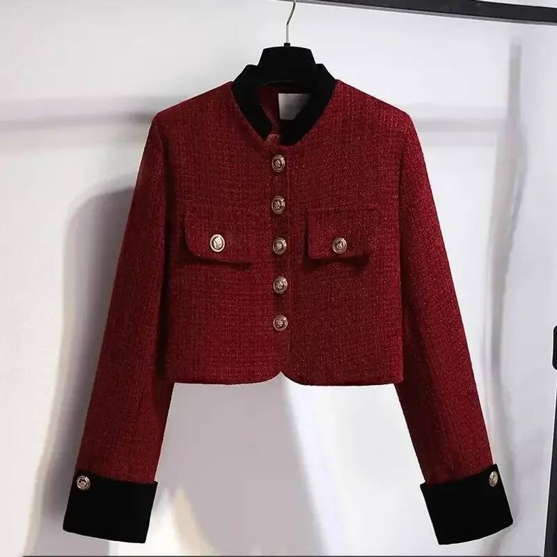 Lnsozkdg French Small Fragrance Suit Women Patched Plaid Coat Pleated Skirt Sweet Fresh Autumn Winter Advanced Two Piece Sets dongdumaoyi