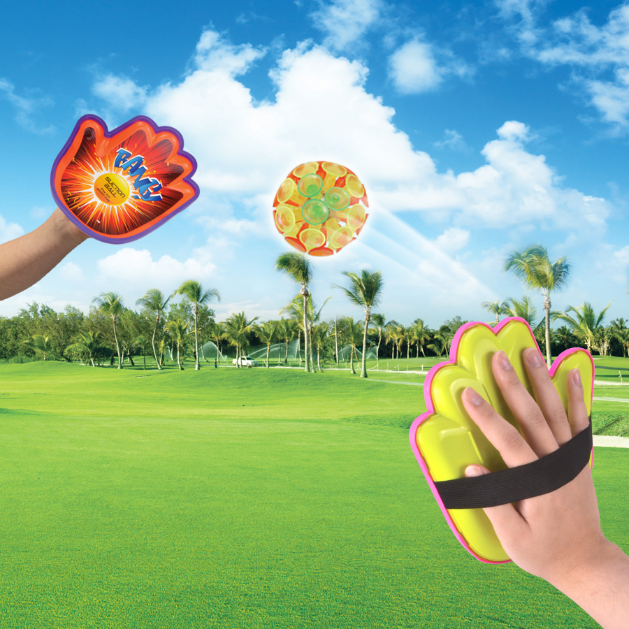 Colorful Kids' Suction Cup Paddle Ball Set - Orange and Green Palm-shaped Paddles with Bouncing Ball