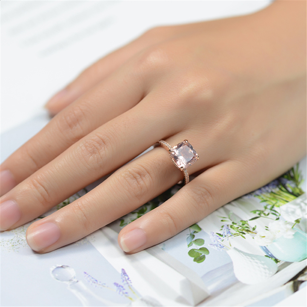 925 Sterling Silver High Carbon Diamond 5 Carat Fat Square Morganite Pink Diamond Ring Highend Silver Jewelry Wedding Ring for Women